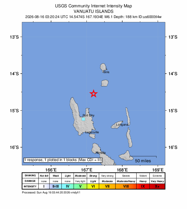 USGS DYFI community-reported intensity map for the M6.1 earthquake near 56 km NNE of Port-Olry, Vanuatu