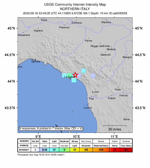 USGS DYFI community-reported intensity map for the M4.1 earthquake near 1 km NE of Sarzana, Italy