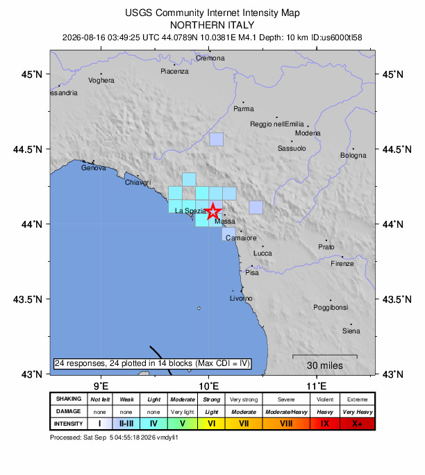 USGS DYFI community-reported intensity map for the M4.1 earthquake near 0 km NE of Casano-Dogana-Isola, Italy