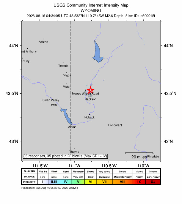 USGS DYFI community-reported intensity map for the M2.6 earthquake near 5 km N of Jackson, Wyoming
