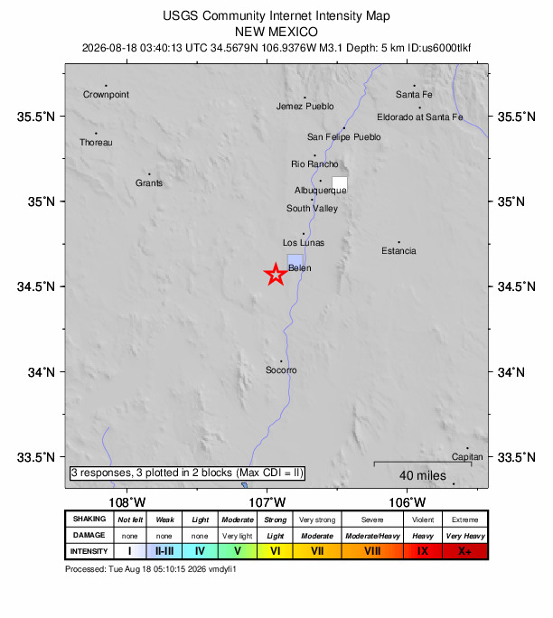 USGS DYFI community-reported intensity map for the M3.1 earthquake near 15 km WSW of Pueblitos, New Mexico