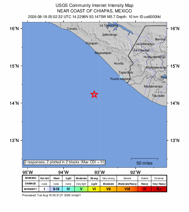 USGS DYFI community-reported intensity map for the M5.7 earthquake near 95 km SW of Puerto Madero, Mexico
