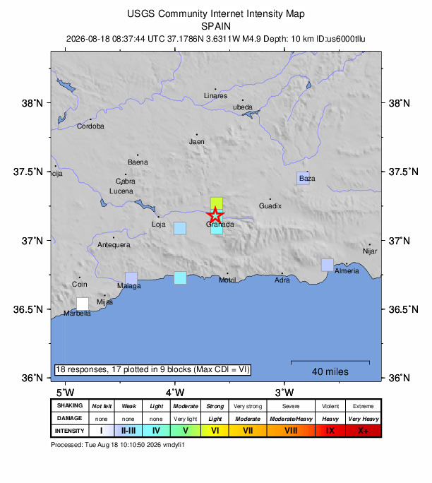 USGS DYFI community-reported intensity map for the M4.9 earthquake near 2 km WSW of Granada, Spain