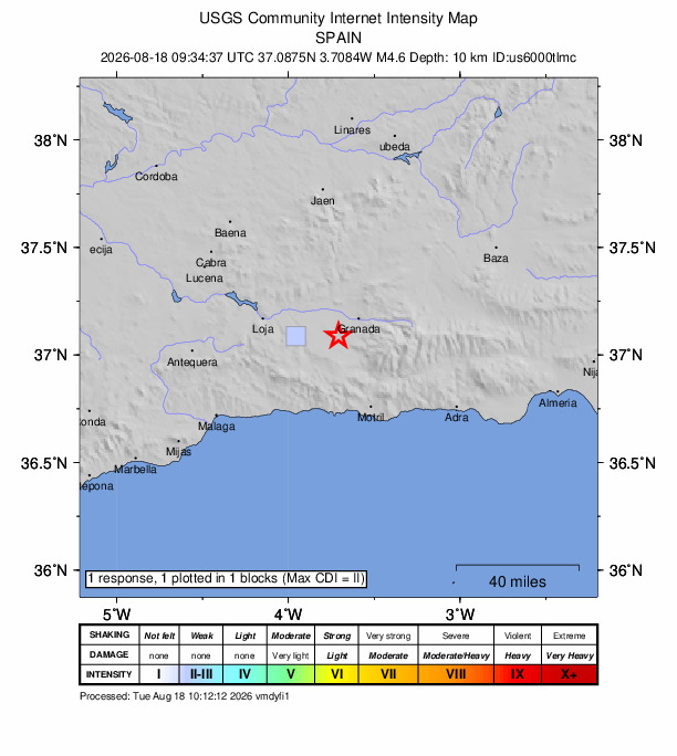 USGS DYFI community-reported intensity map for the M4.6 earthquake near 5 km ENE of Escúzar, Spain