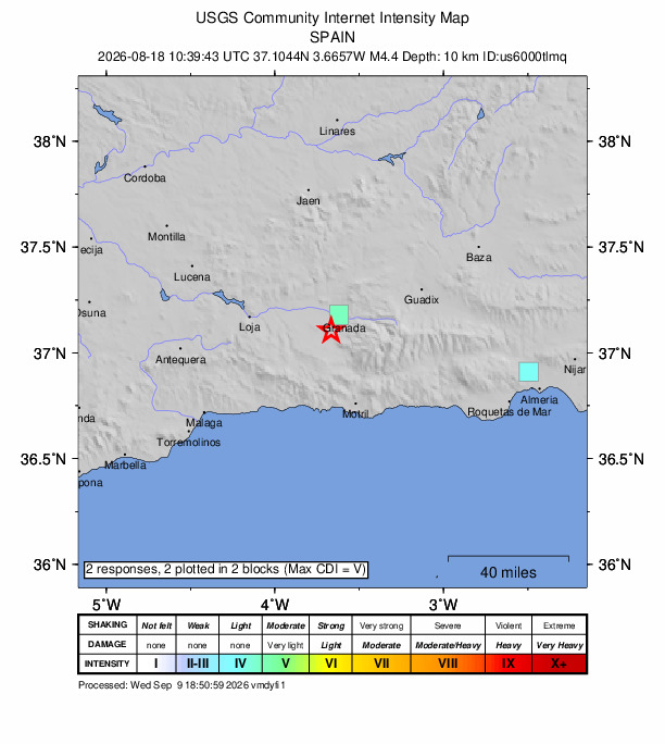 USGS DYFI community-reported intensity map for the M4.4 earthquake near 1 km WSW of Alhendín, Spain