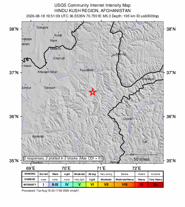 USGS DYFI community-reported intensity map for the M5.3 earthquake near 35 km SSW of Jurm, Afghanistan