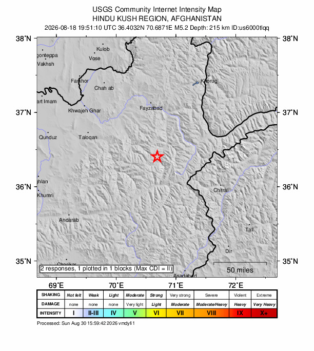 USGS DYFI community-reported intensity map for the M5.2 earthquake near 52 km SSW of Jurm, Afghanistan