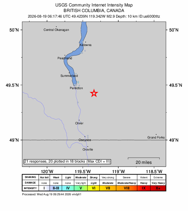 USGS DYFI community-reported intensity map for the M2.9 earthquake near 18 km ENE of Okanagan Falls, Canada