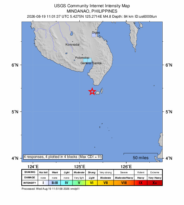 USGS DYFI community-reported intensity map for the M4.8 earthquake near 18 km SSW of Balangonan, Philippines