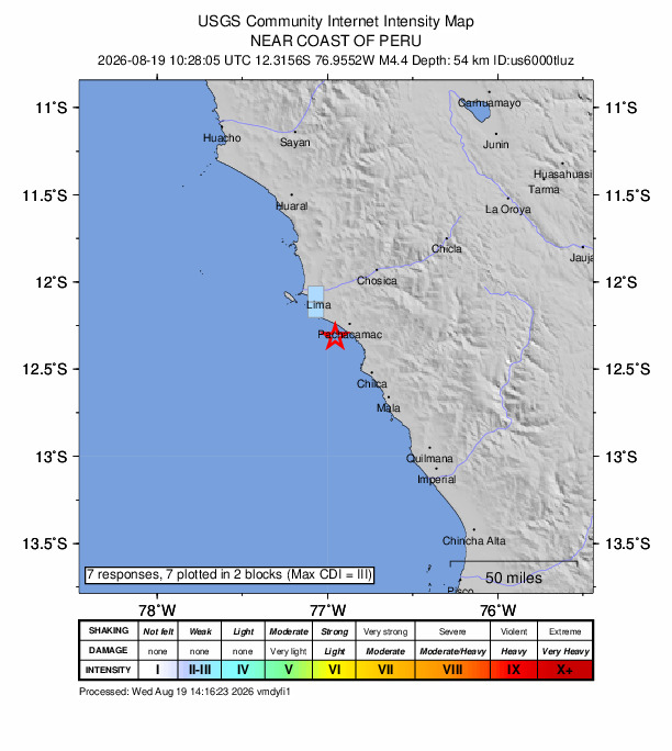 USGS DYFI community-reported intensity map for the M4.4 earthquake near 20 km WNW of San Bartolo, Peru