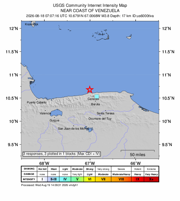 USGS DYFI community-reported intensity map for the M3.8 earthquake near 8 km NNE of Catia La Mar, Venezuela