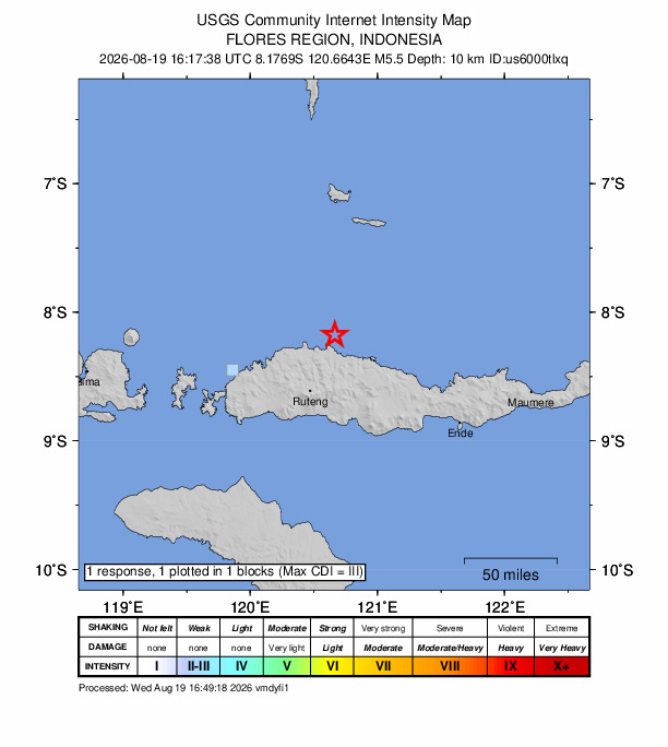 USGS DYFI community-reported intensity map for the M5.5 earthquake near 52 km NNE of Ruteng, Indonesia