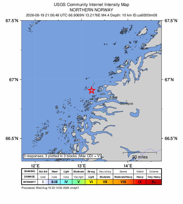 USGS DYFI community-reported intensity map for the M4.4 earthquake near 21 km W of Ørnes, Norway