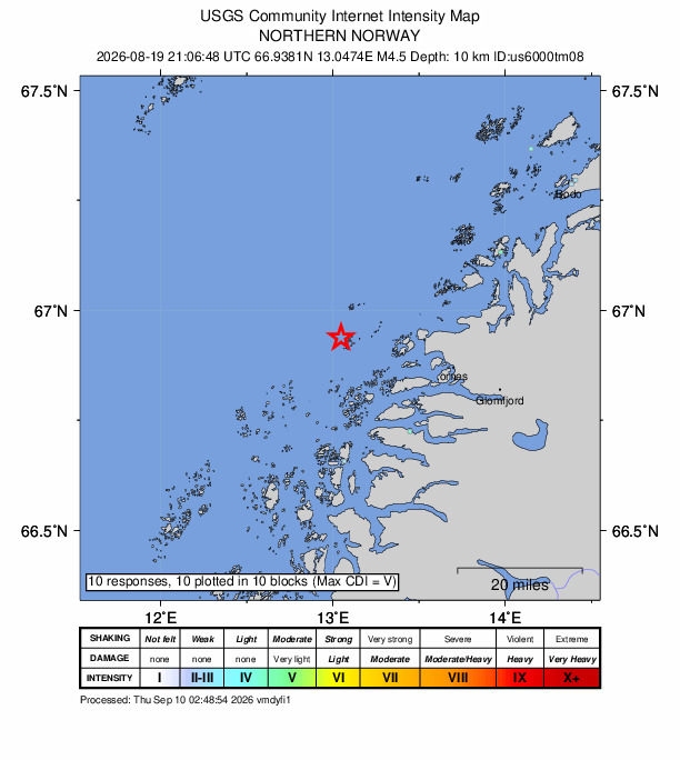USGS DYFI community-reported intensity map for the M4.5 earthquake near 29 km WNW of Ørnes, Norway
