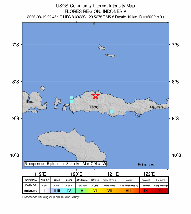 USGS DYFI community-reported intensity map for the M5.8 earthquake near 25 km NNE of Ruteng, Indonesia