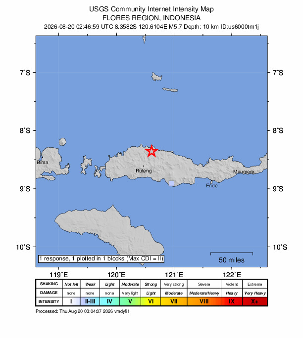 USGS DYFI community-reported intensity map for the M5.7 earthquake near 32 km NNE of Ruteng, Indonesia