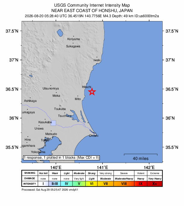 USGS DYFI community-reported intensity map for the M4.3 earthquake near 18 km E of Funaishikawa, Japan