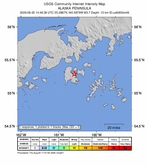 USGS DYFI community-reported intensity map for the M3.7 earthquake near 7 km SW of Sand Point, Alaska
