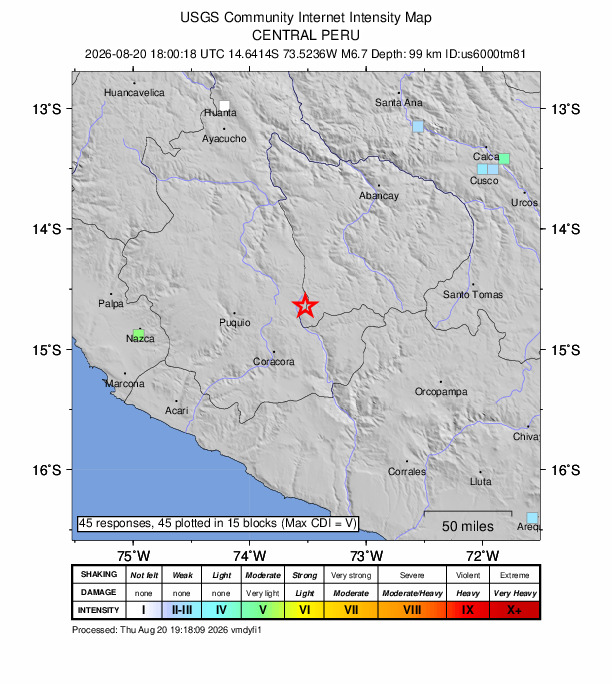 USGS DYFI community-reported intensity map for the M6.7 earthquake near 31 km NW of Aniso, Peru