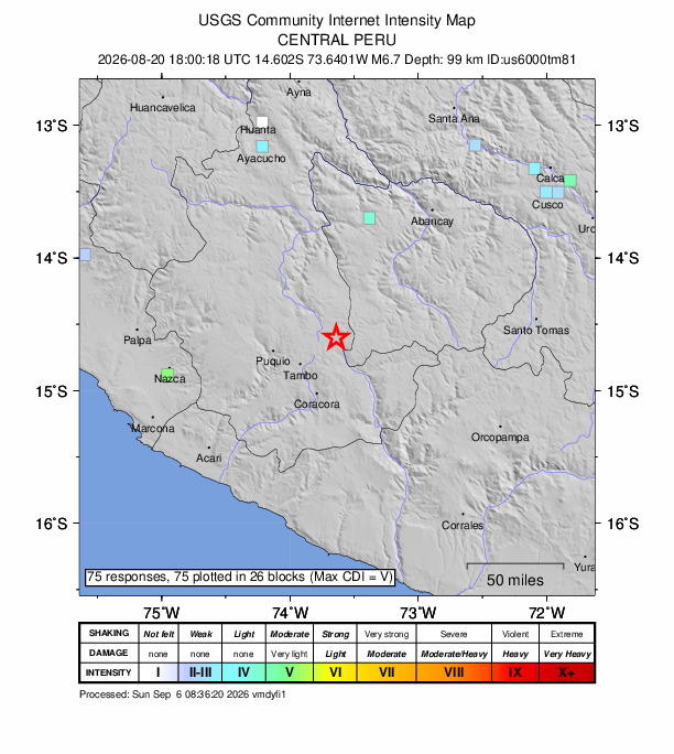 USGS DYFI community-reported intensity map for the M6.7 earthquake near 37 km NE of Tambo, Peru