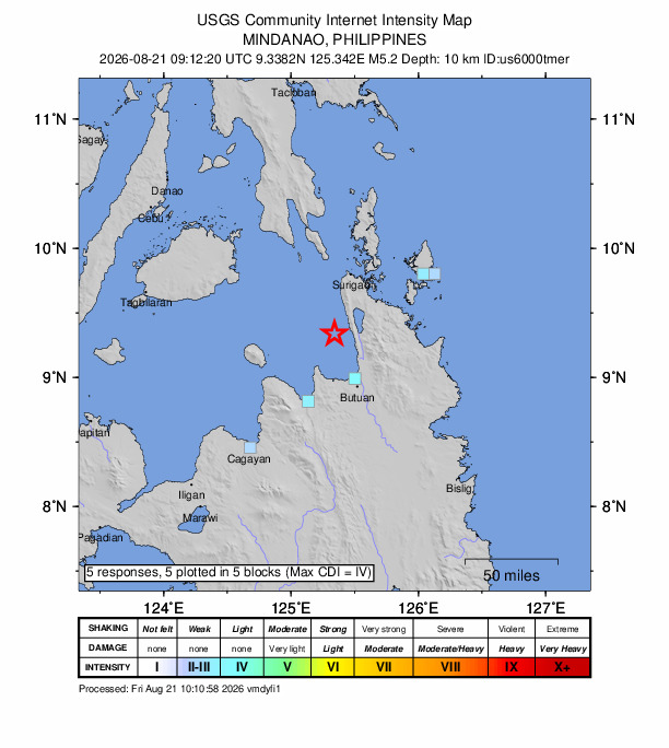 USGS DYFI community-reported intensity map for the M5.2 earthquake near 19 km W of Jabonga, Philippines