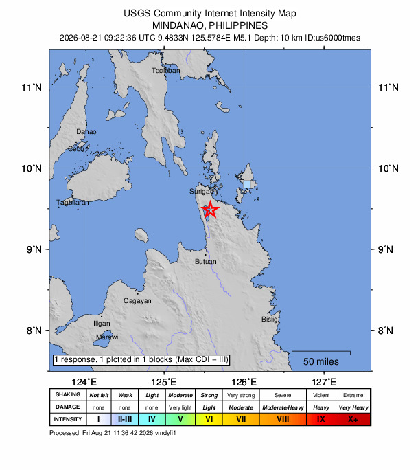 USGS DYFI community-reported intensity map for the M5.1 earthquake near 1 km N of Alegria, Philippines