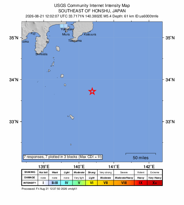 USGS DYFI community-reported intensity map for the M5.4 earthquake near 148 km SSE of Tateyama, Japan