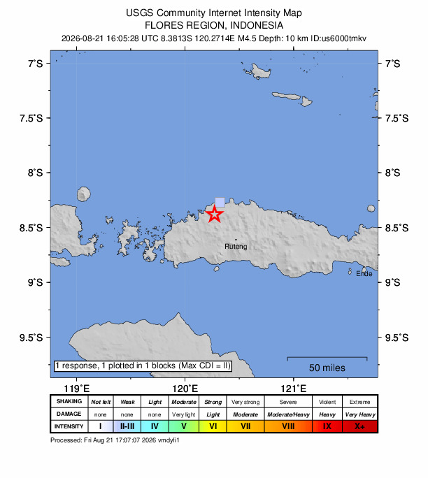 USGS DYFI community-reported intensity map for the M4.5 earthquake near 33 km NW of Ruteng, Indonesia