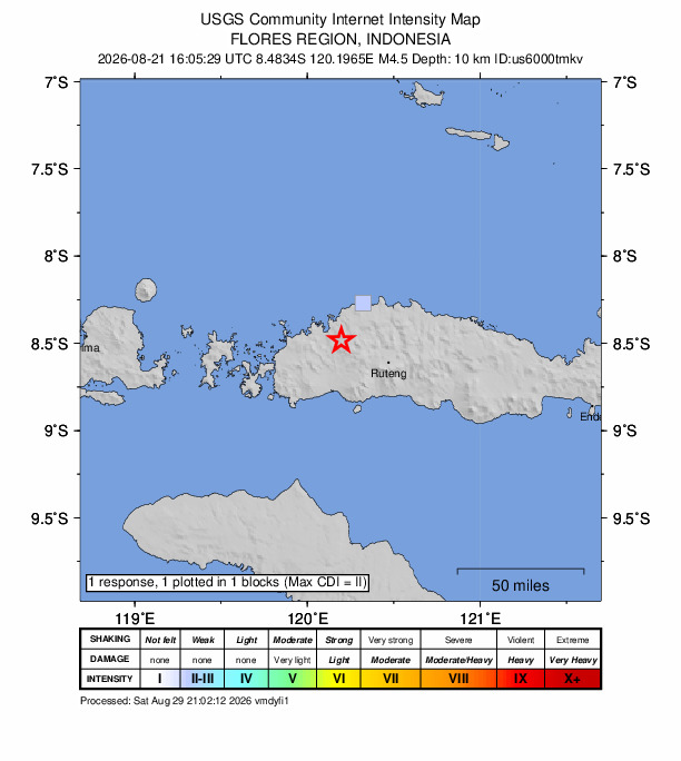USGS DYFI community-reported intensity map for the M4.5 earthquake near 32 km WNW of Ruteng, Indonesia