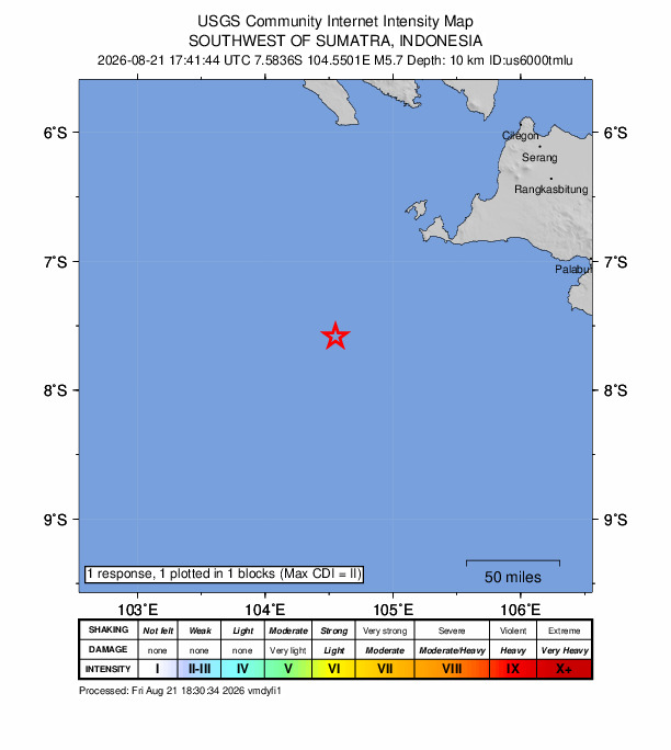 USGS DYFI community-reported intensity map for the M5.7 earthquake near 194 km SW of Labuan, Indonesia