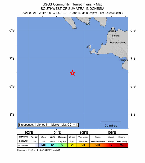 USGS DYFI community-reported intensity map for the M5.8 earthquake near 187 km SW of Labuan, Indonesia