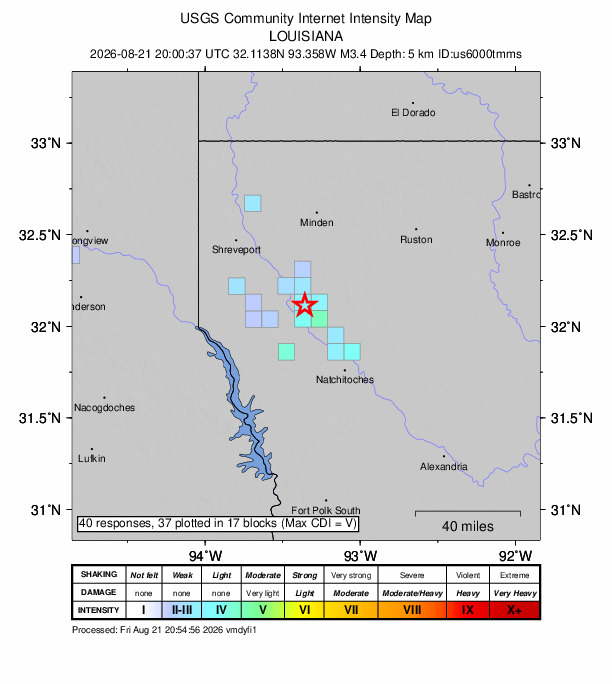 USGS DYFI community-reported intensity map for the M3.4 earthquake near 7 km NNW of Edgefield, Louisiana