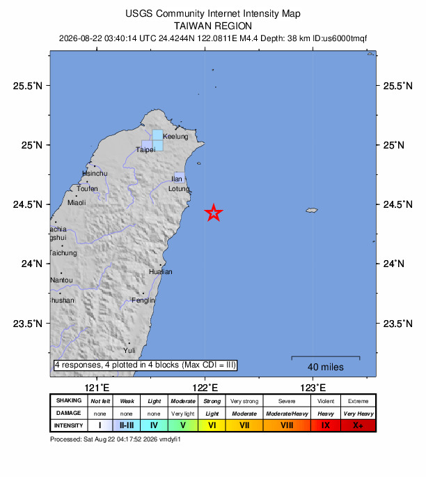USGS DYFI community-reported intensity map for the M4.4 earthquake near 49 km SE of Yilan, Taiwan