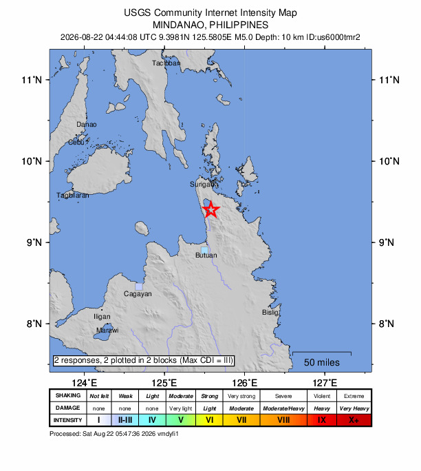 USGS DYFI community-reported intensity map for the M5.0 earthquake near 6 km S of Kitcharao, Philippines