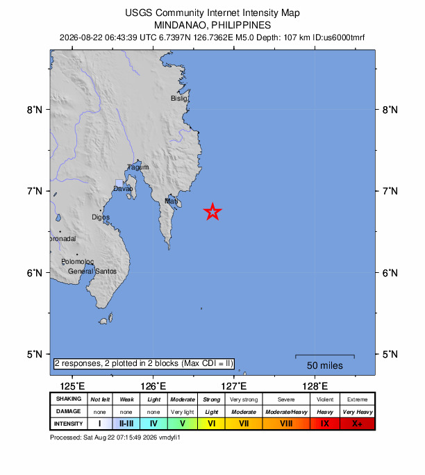 USGS DYFI community-reported intensity map for the M5.0 earthquake near 45 km SE of Lukatan, Philippines