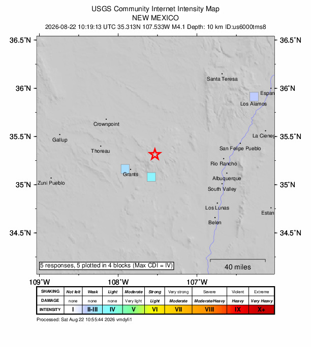 USGS DYFI community-reported intensity map for the M4.1 earthquake near 10 km ESE of San Mateo, New Mexico