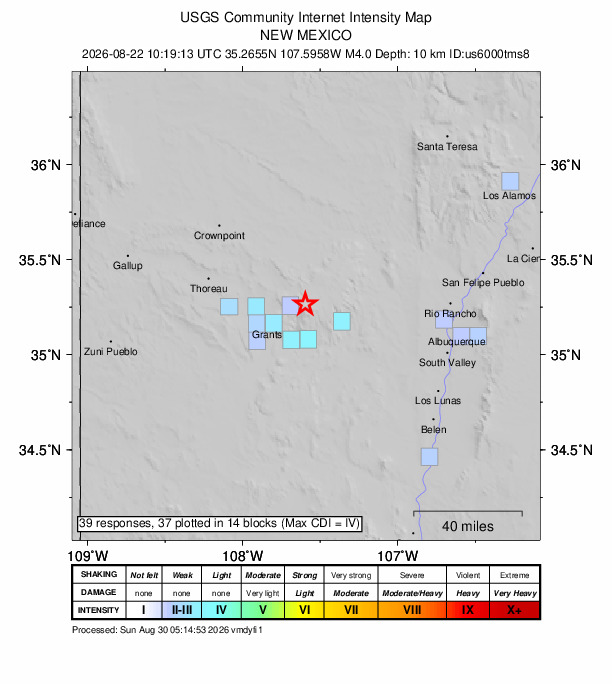 USGS DYFI community-reported intensity map for the M4.0 earthquake near 8 km SSE of San Mateo, New Mexico