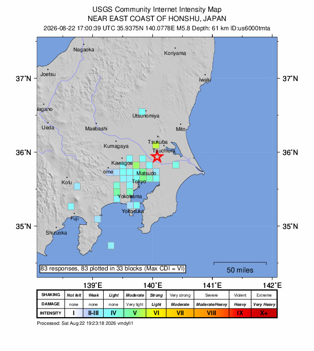 USGS DYFI community-reported intensity map for the M5.8 earthquake near 4 km N of Toride, Japan