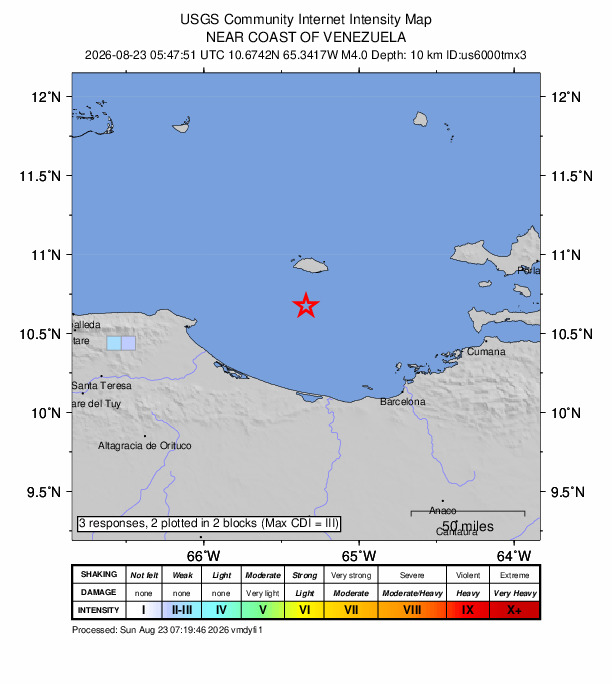 USGS DYFI community-reported intensity map for the M4.0 earthquake near 60 km N of Boca de Uchire, Venezuela