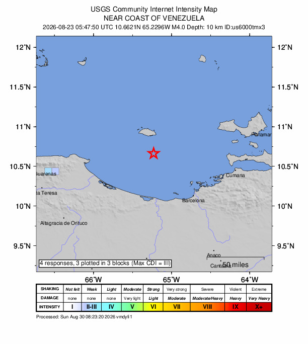 USGS DYFI community-reported intensity map for the M4.0 earthquake near 62 km NNE of Boca de Uchire, Venezuela
