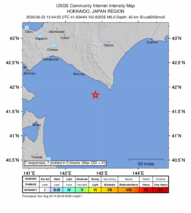 USGS DYFI community-reported intensity map for the M6.0 earthquake near 33 km SSW of Honchō, Japan