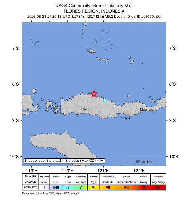 USGS DYFI community-reported intensity map for the M5.2 earthquake near 48 km NE of Ruteng, Indonesia