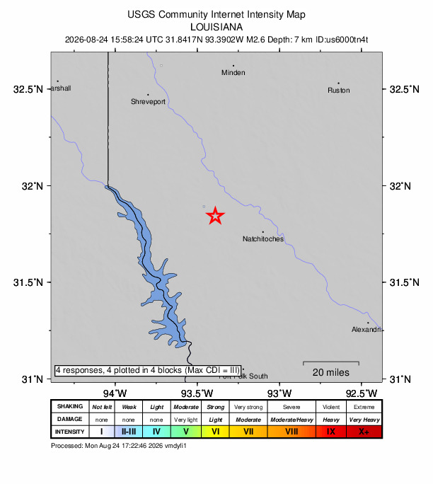 USGS DYFI community-reported intensity map for the M2.6 earthquake near 11 km ENE of Pleasant Hill, Louisiana