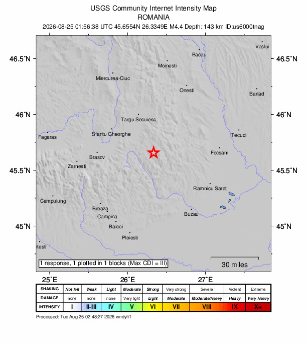USGS DYFI community-reported intensity map for the M4.4 earthquake near 13 km SSE of Comandău, Romania