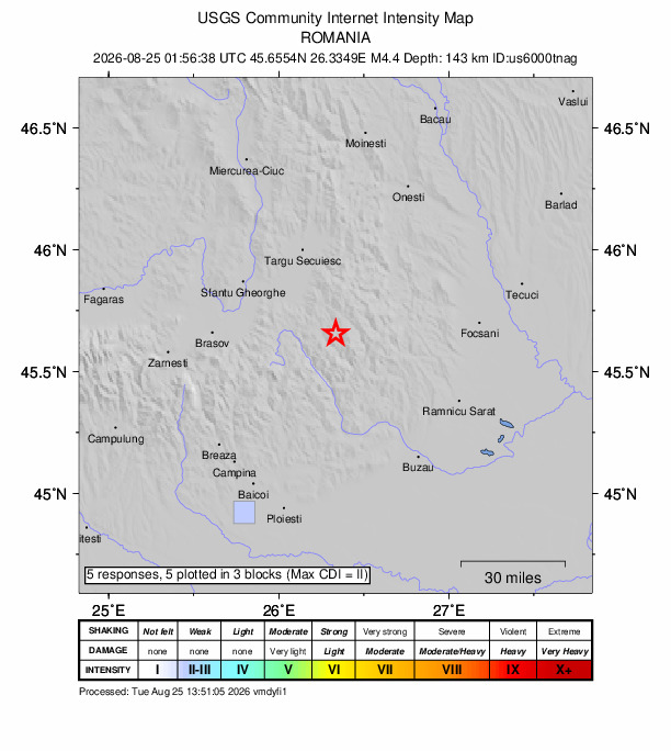 USGS DYFI community-reported intensity map for the M4.4 earthquake near 13 km SSE of Comandău, Romania