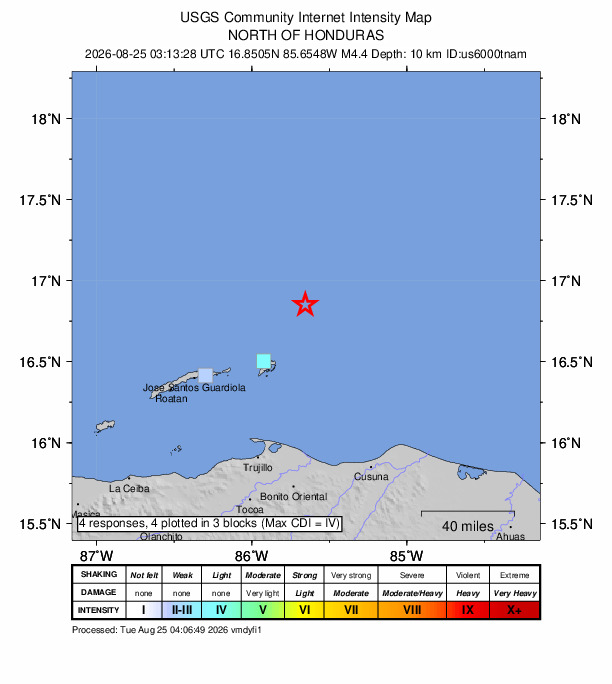 USGS DYFI community-reported intensity map for the M4.4 earthquake near 48 km NNE of Savannah Bight, Honduras