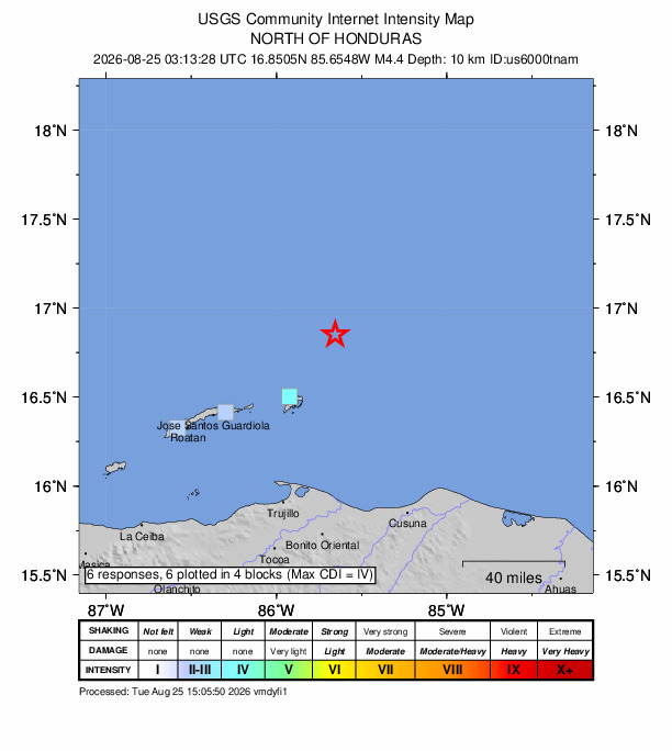 USGS DYFI community-reported intensity map for the M4.4 earthquake near 48 km NNE of Savannah Bight, Honduras