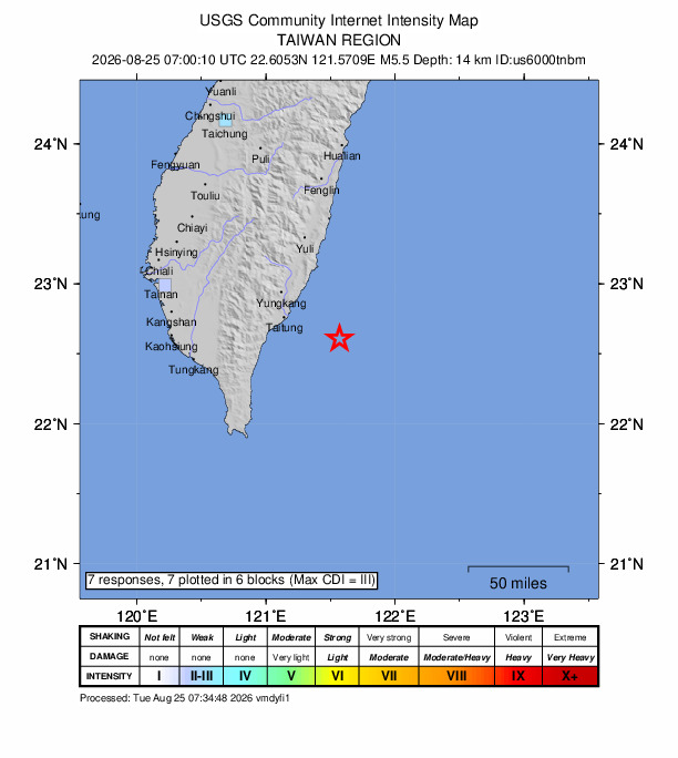 USGS DYFI community-reported intensity map for the M5.5 earthquake near 108 km NE of Hengchun, Taiwan