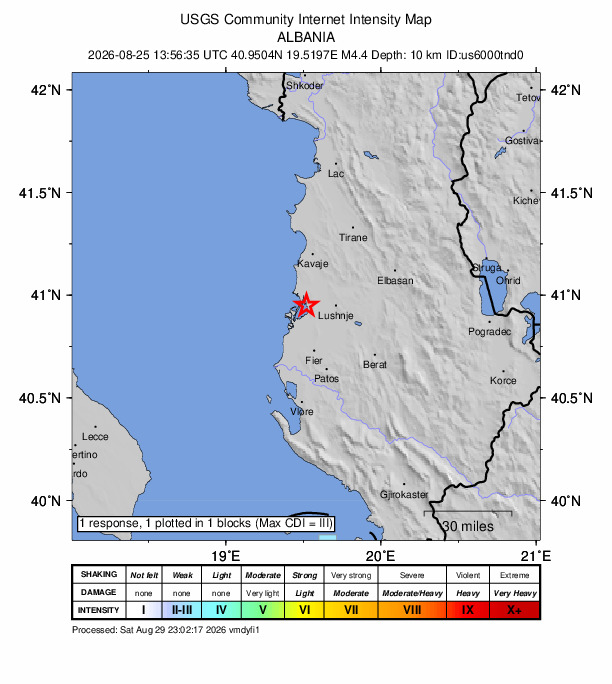 USGS DYFI community-reported intensity map for the M4.4 earthquake near 15 km W of Lushnjë, Albania