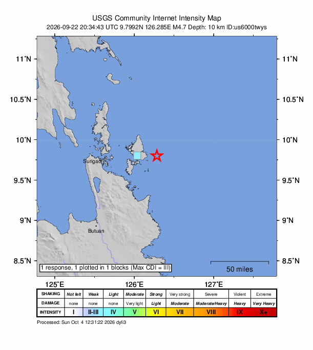 USGS DYFI community-reported intensity map for the M4.7 earthquake near 19 km ENE of Union, Philippines